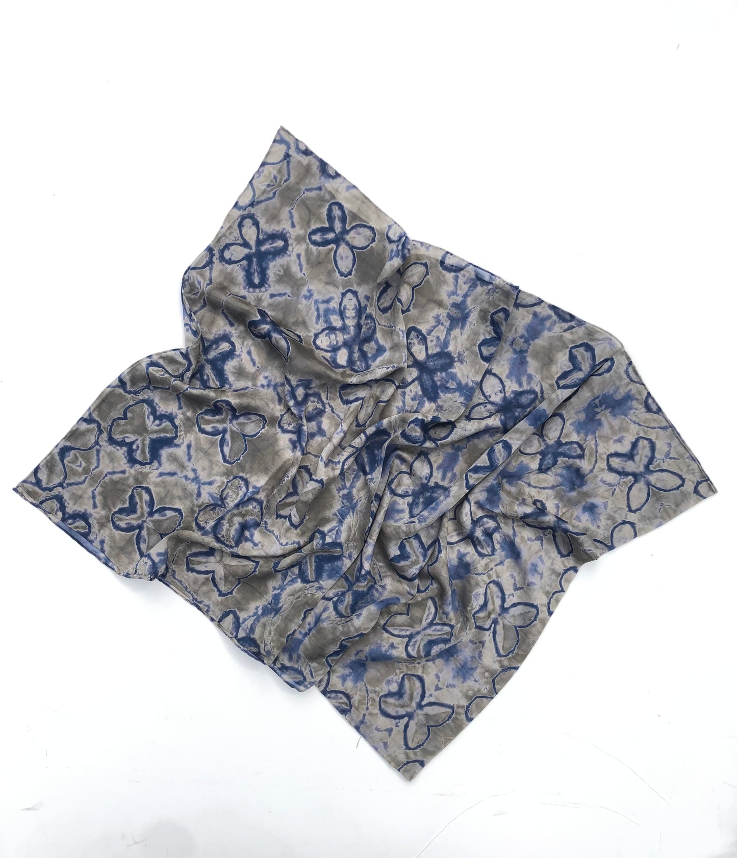 Japanese Tie Dye Scarf | Grey + Olive + Indigo Blue Butterflies