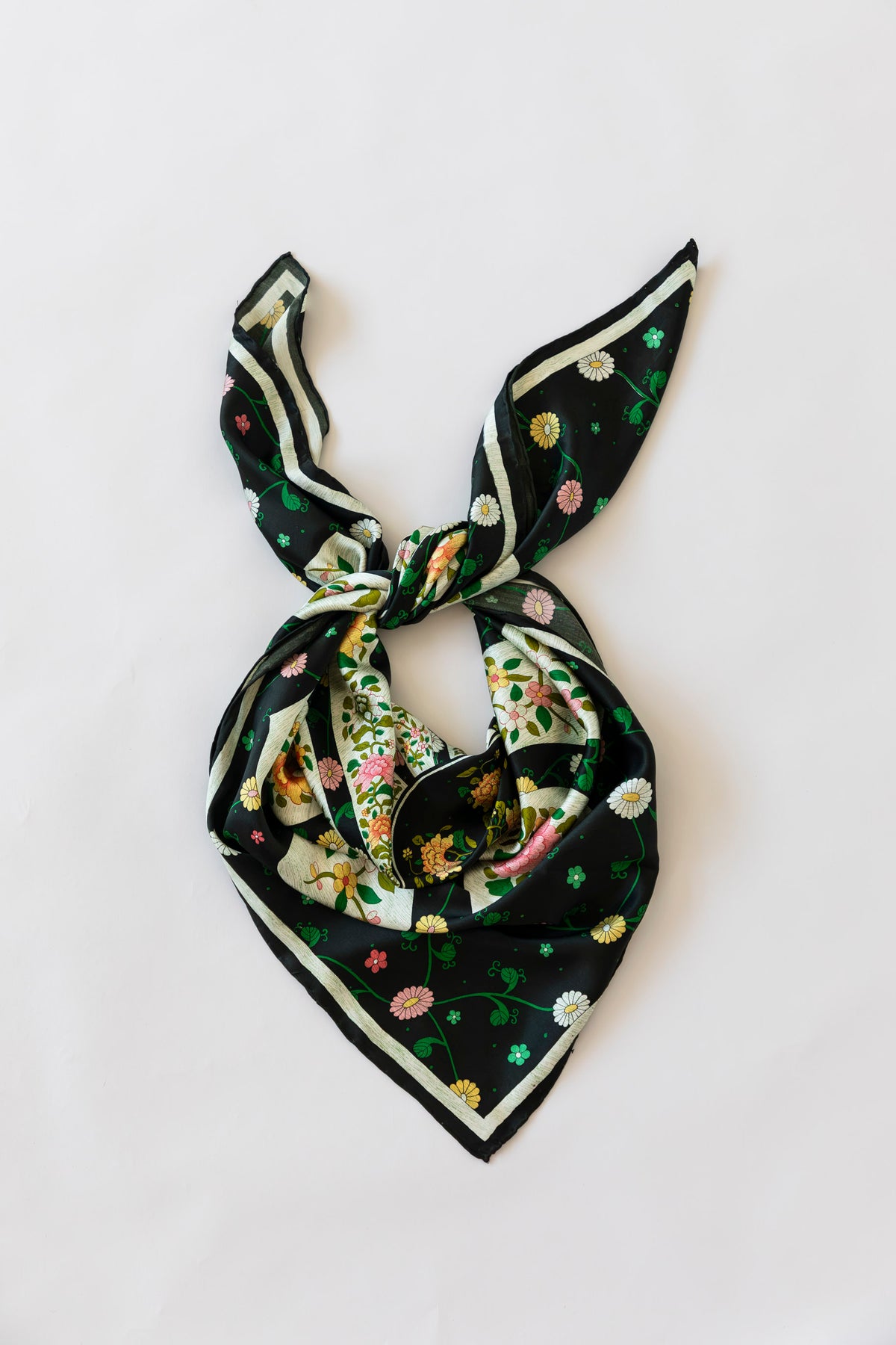 Hand-printed twill silk scarf black and white floral , one-of-a-kind limited edition design