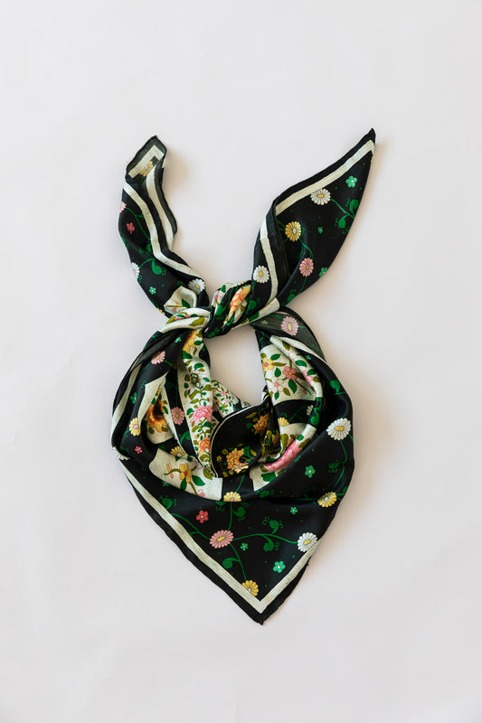 Hand-printed twill silk scarf black and white floral , one-of-a-kind limited edition design