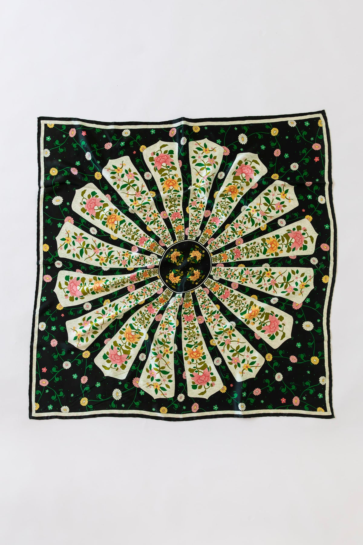 Hand-printed twill silk scarf black and white floral , one-of-a-kind limited edition design