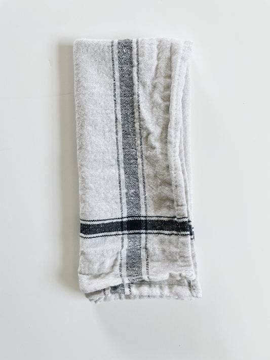 French Linen White + Dark Navy Stripe | Handloom Kitchen Towel