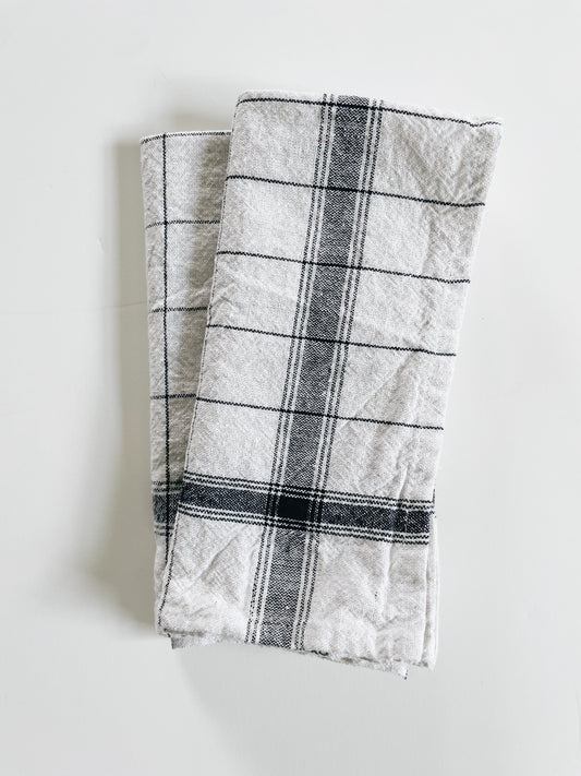 French Linen White + Dark Navy Check | Handloom Kitchen Towel