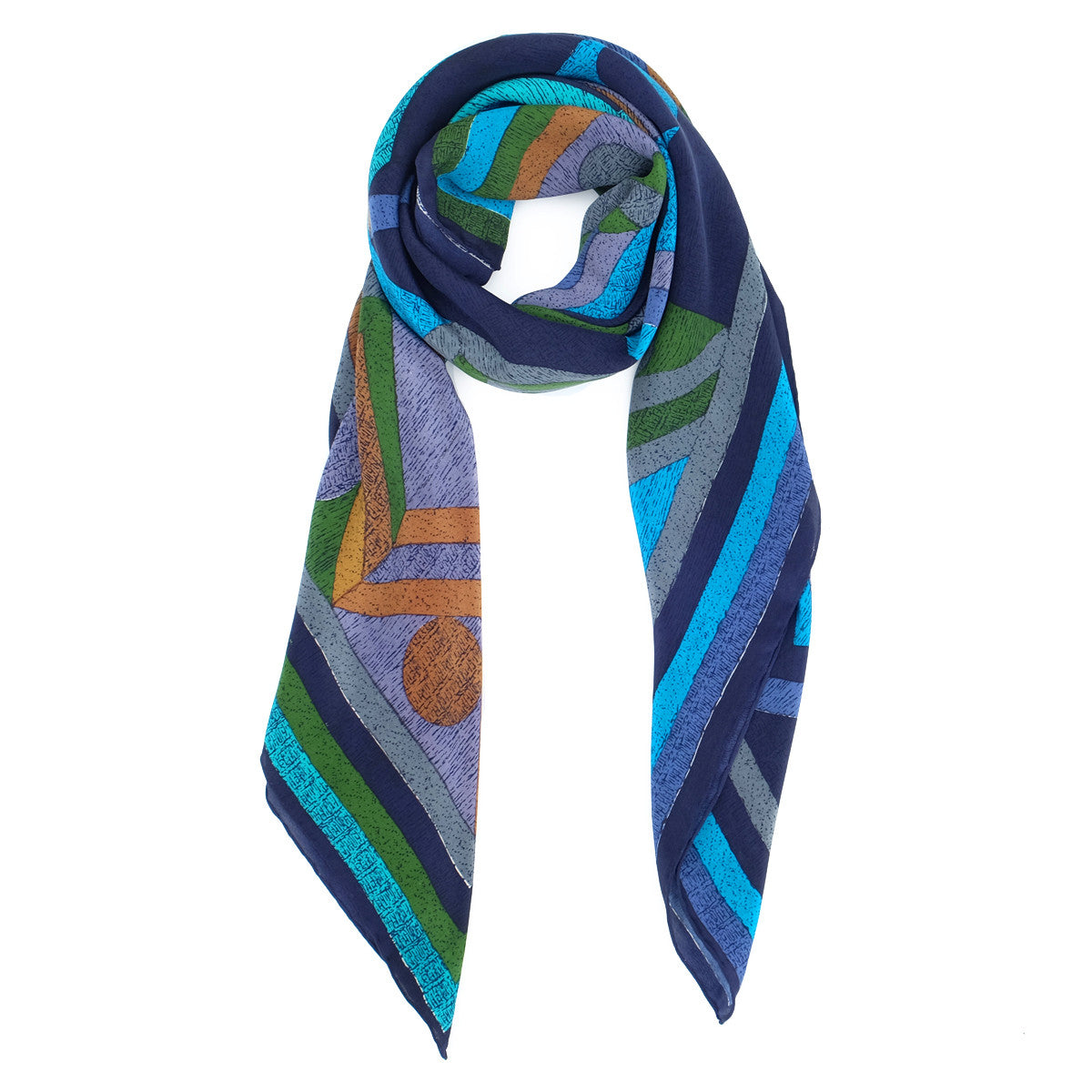 Kala :: Hand printed geometric print crepe silk scarf - Parekh Bugbee